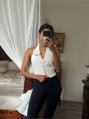 Mango White Halter Vest Top with Rosette Detail - Women